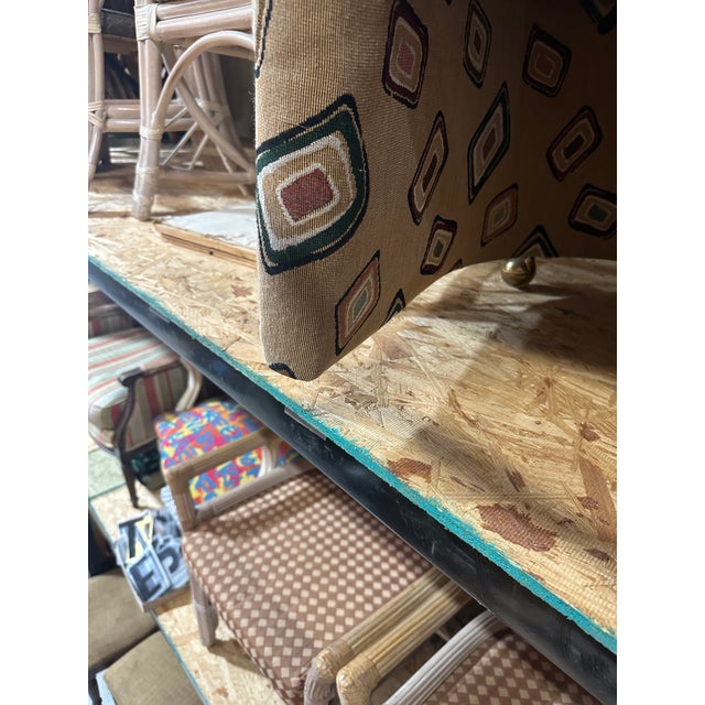1970s Pair of Fun Design Covered Tan Chairs on Wheels- Missing 1 Wheel For Sale - Image 4 of 10