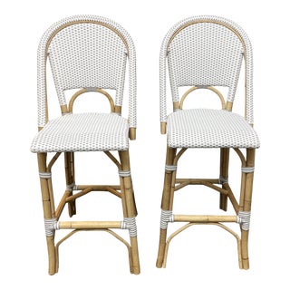 Serena & Lily White + Fog Woven Rattan Riviera Bar Stools, a Pair For Sale