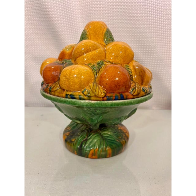Vintage Majolica Style Fruit Stacked Lidded Bowl / Catchall For Sale - Image 10 of 11