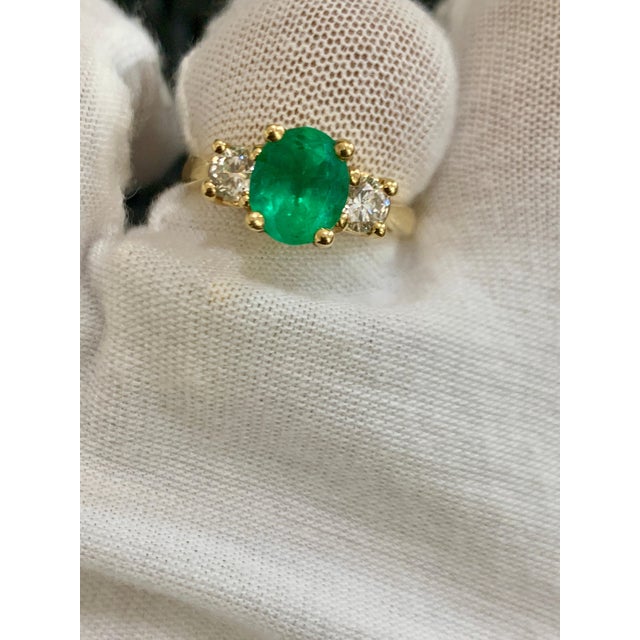 Oval Emerald and Diamond Three-Stone Ring 14 Karat Yellow Gold For Sale - Image 18 of 18