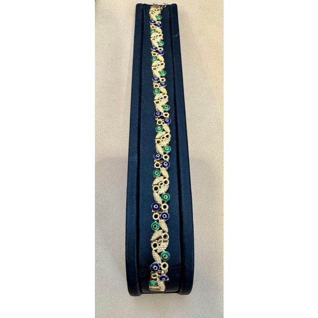 2020s 18 Karat Yellow Gold 30 Grams With Green and Blue Enamel Bracelet, 8 Inch Long For Sale - Image 5 of 8