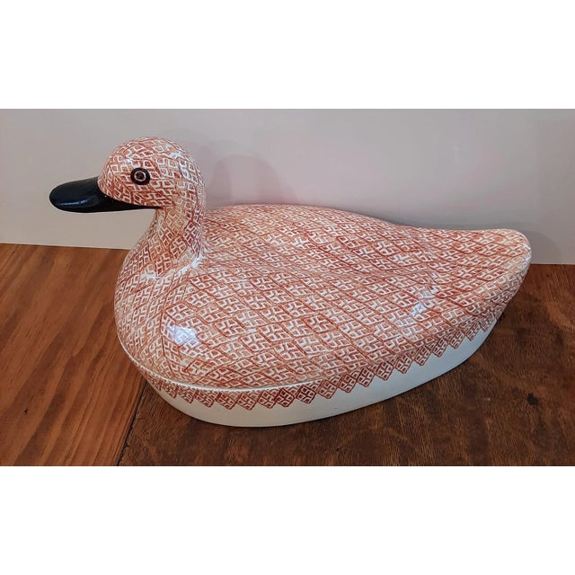 **Italian Ceramic Pottery Duck Tureen** This beautiful hand-painted duck tureen features a lovely rust orange pattern on a...