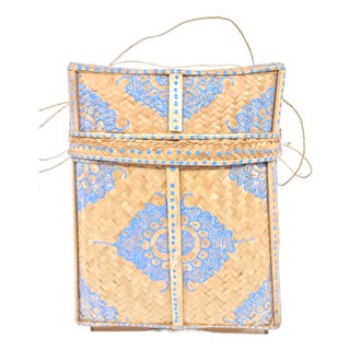 Large Hand Painted Balinese Woven Basket For Sale