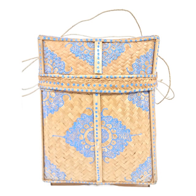 Large Hand Painted Balinese Woven Basket For Sale