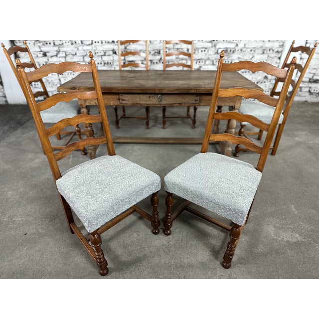 Wood Reupholstered French Country Ladder Back Dining Chairs - Set of 6 For Sale - Image 7 of 12
