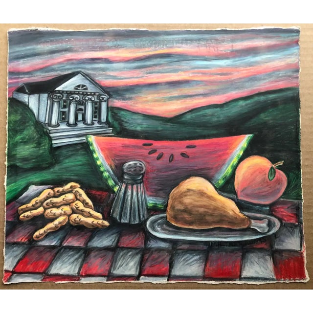 1989 pop art Southern still-life pastel on paper with a pear, a peach, a peanut and Greek revival mansion. Signed "Mr and...