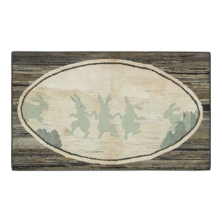 Antique Hooked Rug in Brown & Gray With Dancing Rabbits Pictorials - Rug & Kilim For Sale