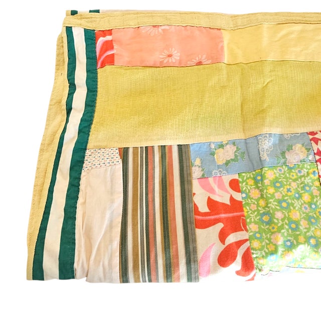 Retro 1960s Handmade Quilt With Vintage Fabric Panels and Velvet Ribbon Trim For Sale In San Francisco - Image 6 of 9