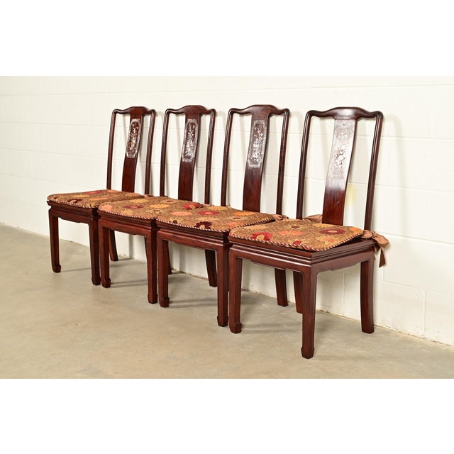 Chinoiserie Antique Chinese Carved Rosewood Dining Chairs With Mother of Pearl Inlay, Circa 1890s For Sale - Image 3 of 13