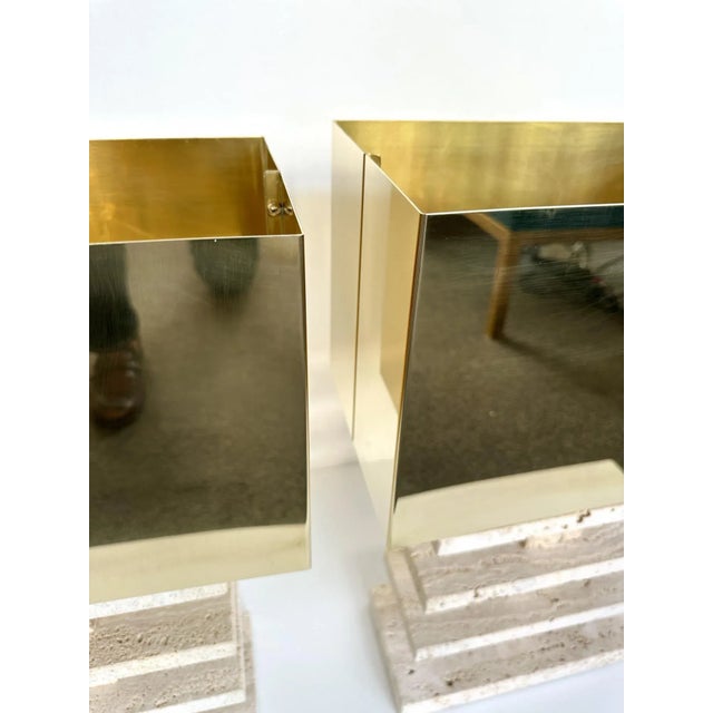 Contemporary pair of travertine blade stone a variant of marble, table or bedside lamps with nice full natural brass...