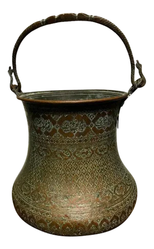 Large Safavid Etched Copper Bucket, Persia, 17th Century
