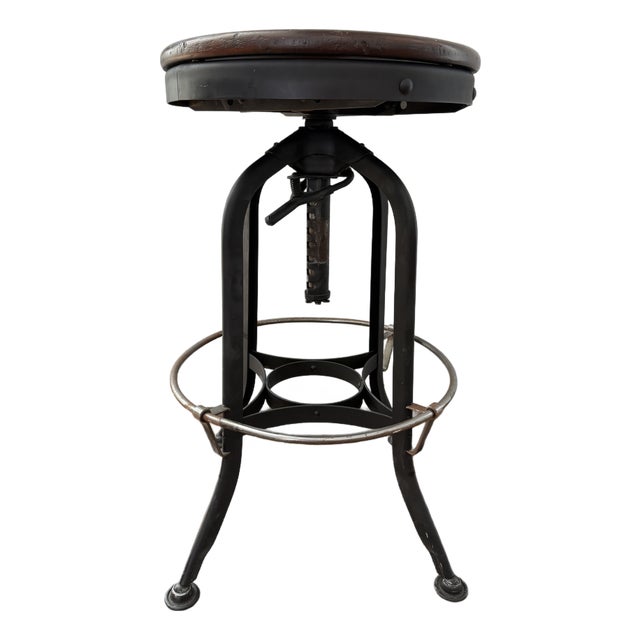 Vintage Industrial Adjustable Swivel Stool With Solid Wood Seat For Sale