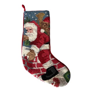 Vintage Santa Hook Needlepoint Christmas Stocking For Sale