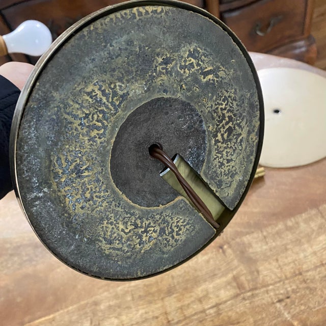 Brown Vintage Mid Century Modern Walnut Brass Skinny Table Lamp Original Gunmetal Drum Shade For Sale - Image 8 of 12
