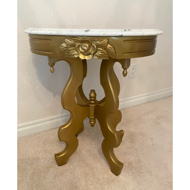 Wood Victorian Style Oval Marble Top Gold Color Accent Table Vintage Excellent Condition For Sale - Image 7 of 10