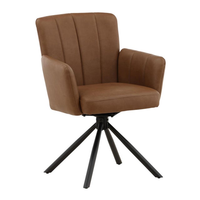 Faux leather upholstered dining chair in a beautiful cinnamon brown color and modern black iron frame. Comfortable seating...