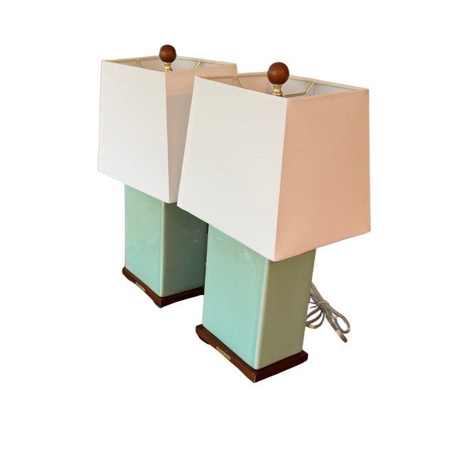 Pair of Lauren Ralph Lauren Celadon Crackle Glazed Porcelain Table Lamps | Coastal Modern Transitional Lighting With Original Shades For Sale - Image 13 of 15