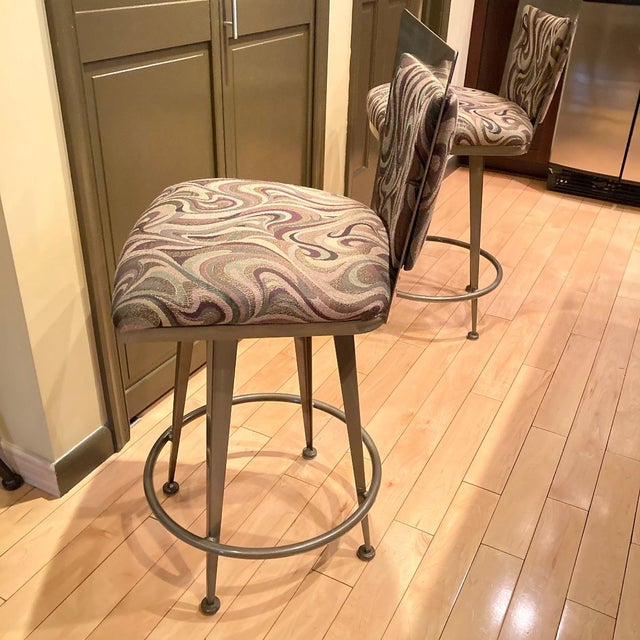 Bronze Pair of Contemporary Upholstered Counter/Bar Stools by Johnston Casuals, Bronze Tone Metal For Sale - Image 8 of 14