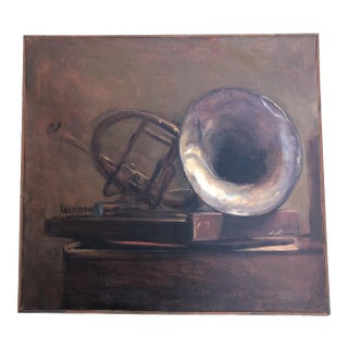 Vintage Original Still Life Musical Instrument Painting by Joseph Daneiger For Sale