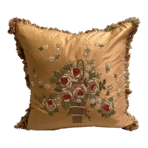 Floral Embroidered Decorative Accent Silk Pillow Cover With Fringed Edges