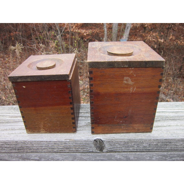 Vintage Wood Kitchen Canisters MCM Hand Carved Hardwood Japan CI Star Nesting Kitchen Storage Set of 2 For Sale - Image 4 of 12