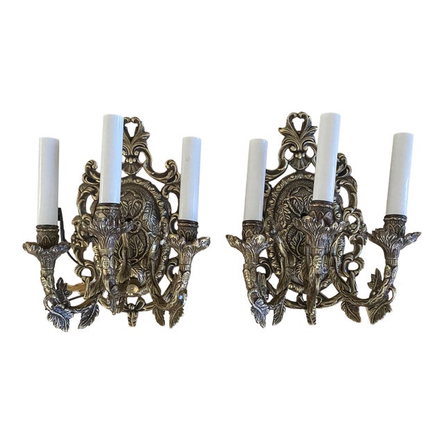 Antique French Rocco Triple-Arm Electric Wall Sconces in the Highly Sought After Baroque - a Pair For Sale