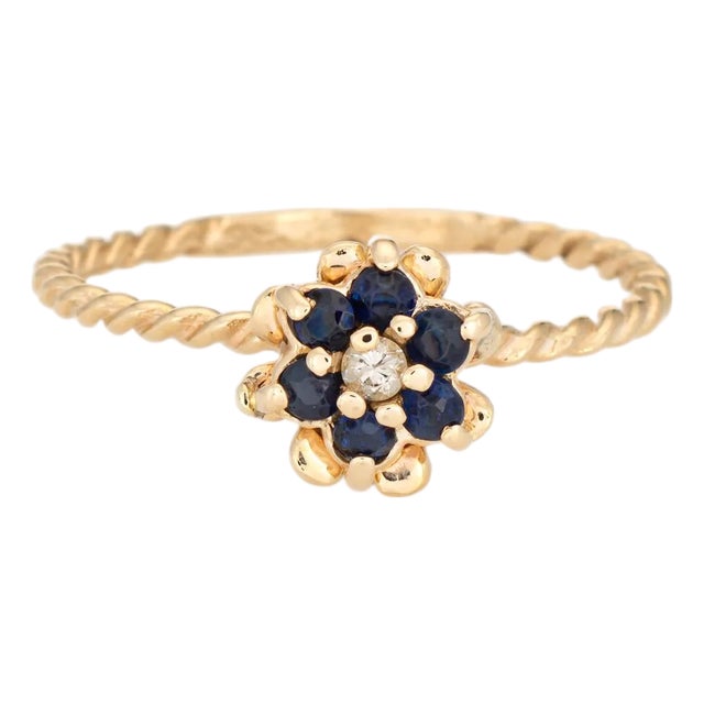 Sapphire Diamond Tulip Ring Sz 5.5 Vintage 14k Yellow Gold Stacking Band Jewelry For Sale