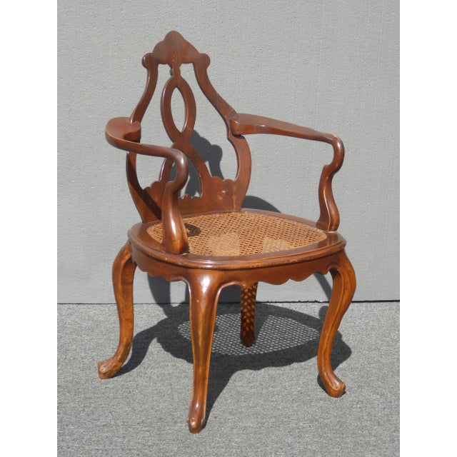 French Provincial Vintage Oriental Asian Chippendale Wood & Cane Seat Accent Chair ~ French For Sale - Image 3 of 12
