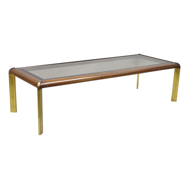 Vintage Lane Mid Century Modern Sculpted Brass Metal Wood Glass Top Coffee Table For Sale