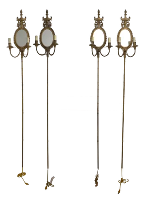Set of 4 Regency Style Brass Mirrored & Lighted Wall Sconces