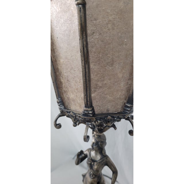 1900 - 1909 1900 Silver Plated Spanish Brass Statue Lamp With Mica Shade For Sale - Image 5 of 13