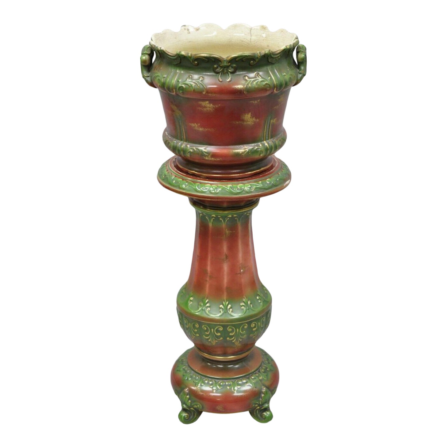 Antique Victorian Haynes Balt Pottery 2 Pc Jardiniere Pedestal Planter