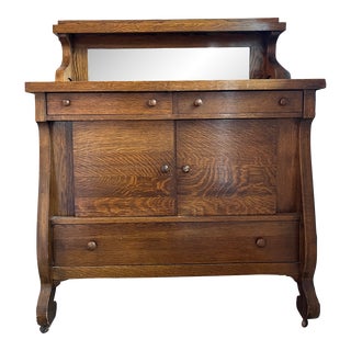 Early 1900's Empire Quartersawn Oak Sideboard Buffet With Mirror For Sale