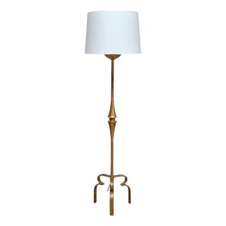 Modern French Sculptural Gilded Wrought Iron Three-Legged Floor Lamp, 1940s For Sale