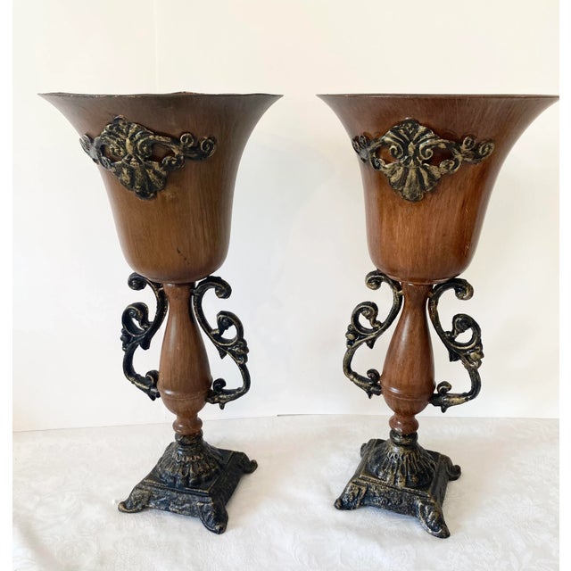 Neoclassical Borghese Style Metal Vases Pair Vintage For Sale - Image 10 of 10
