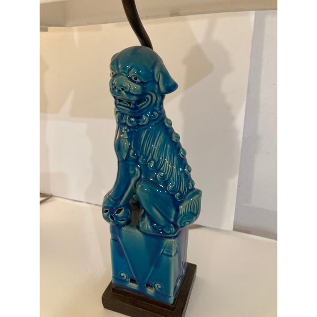 Asian Foo Dog Turquoise Glazed Porcelain Table Lamps With Pagoda Shades - A Pair For Sale - Image 3 of 12