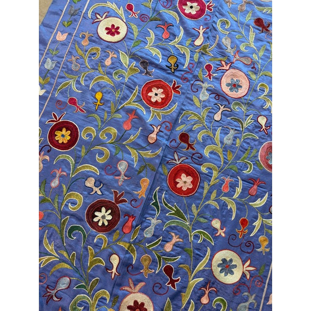 Textile Blue Silk Suzani Wall Hanging With Floral Rosettes For Sale - Image 7 of 10