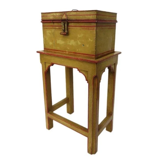 Tole mustard yellow document box with red pin striping on very nicely made custom wood stand painted to match. Measures 13...