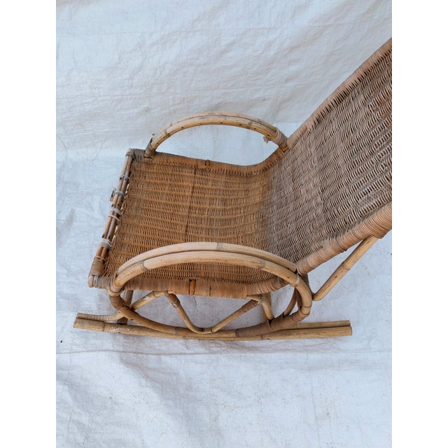 Mid-Century Modern Vintage MCM French Style Rattan Bamboo Wicker Back Rocker For Sale - Image 3 of 8