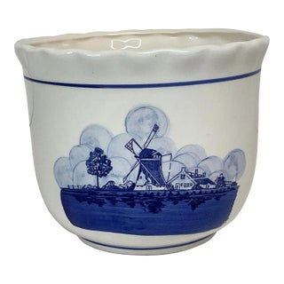 Mid-Century Boho Chic Delft Style Ceramic Planter For Sale