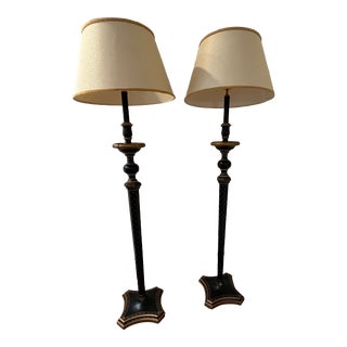 Pair 1990s Chelsea House Hollywood Regency Black Gold Ornate Tall Floor Lamps For Sale