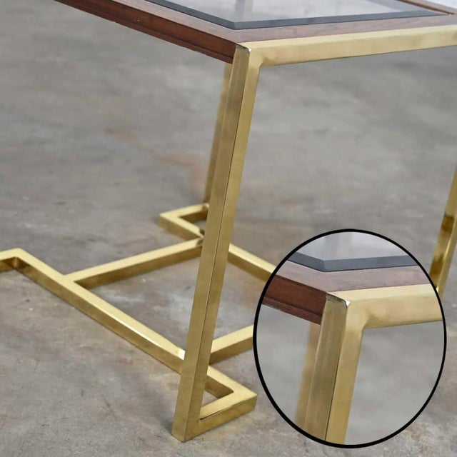 Brass Modern End Table Brass Plated Dark Wood & Smoked Glass Rectangle by Thomasville Furniture Style of Milo Baughman For Sale - Image 8 of 15