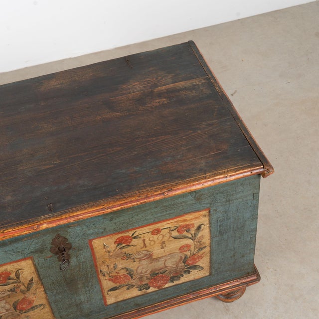 1822 Original Hand-Painted Blue Pine Flat Top Trunk For Sale - Image 6 of 13