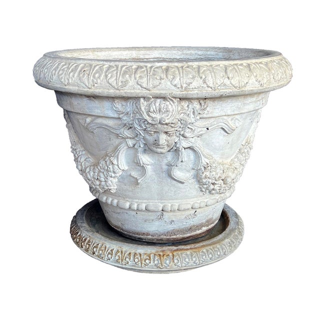 Neoclassical Large Pair Neoclassical Style Cast Stone Planters With Undertrays For Sale - Image 3 of 9