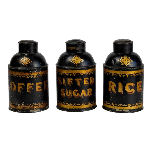 19th Century Antique English Gild Tole Coffee/Rice/Sifted-Sugar Canisters - Set of 3 For Sale