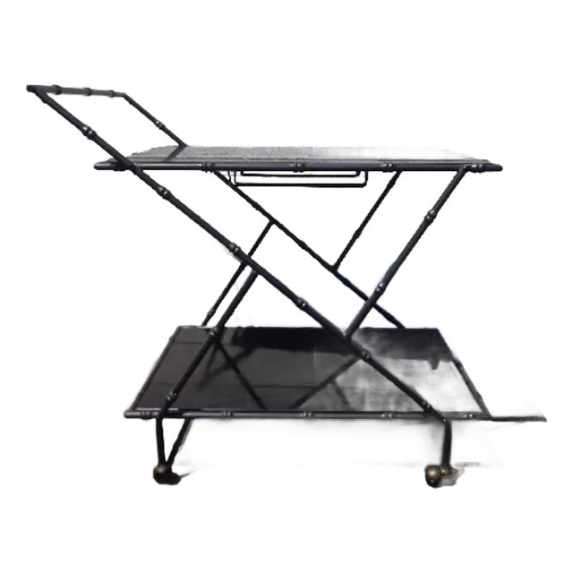 Black Bamboo Bar Cart - Bohemian Chic Vintage Rolling Table for Wine For Sale