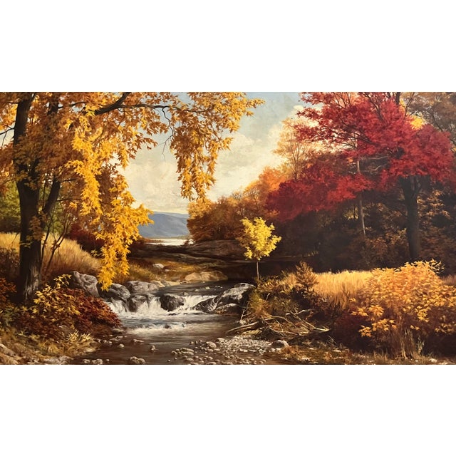Original vintage American Impressionist oil painting of a Fall Landscape by Robert Doares. Oil on masonite panel framed in...