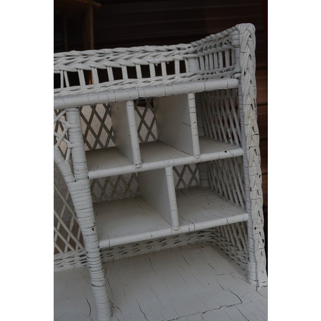 Vintage White Wicker Writing Desk W/ Drawer / Side Basket & Cubbies / Shelves For Sale - Image 6 of 18