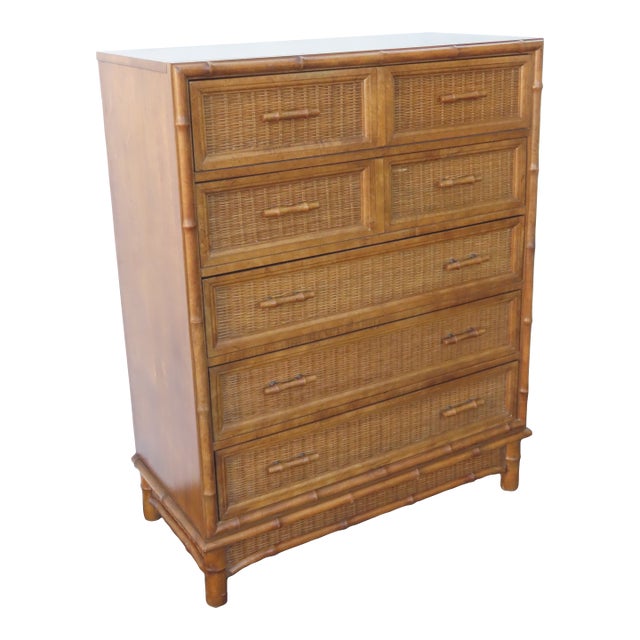 American of Martinsville Hollywood Regency Rattan Tall Chest of Drawers 6447 For Sale