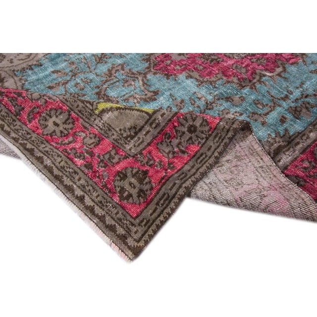 Turkish Vintage Turkish Revival Overdyed Handmade Sky Blue Medallion Wool Rug For Sale - Image 3 of 8